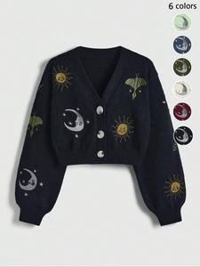 Women's Graphic Print Button Front Crop Cardigan, Casual Drop Shoulder V Neck Knitwear for Spring & Fall, Fashion Women's Knit Clothing for Daily Wear