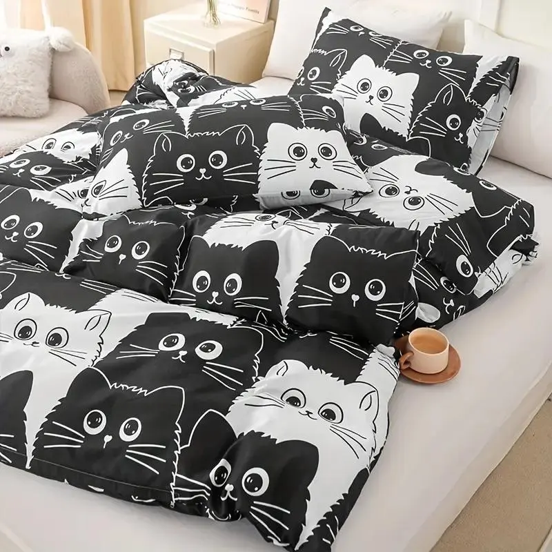 Cat Pattern Bedding Set, 3 Counts/set Including 1 Count Quilt Cover & 2 Counts Pillowcase without Filler, Soft Comfortable Bedding Set for Bedroom 2