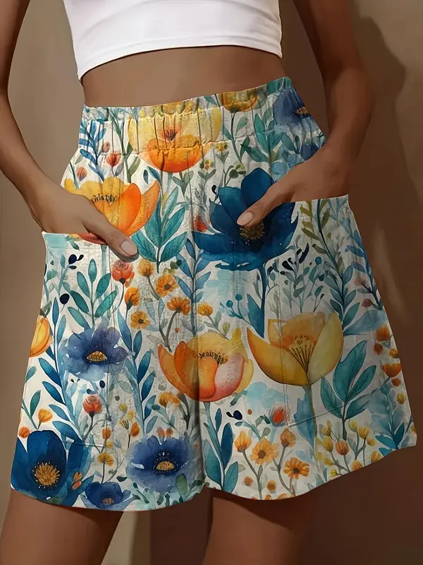 【Plus Size】 Floral Print Shorts, Casual Comfy Shorts for Summer, Women's Bottoms for Daily Wear 0