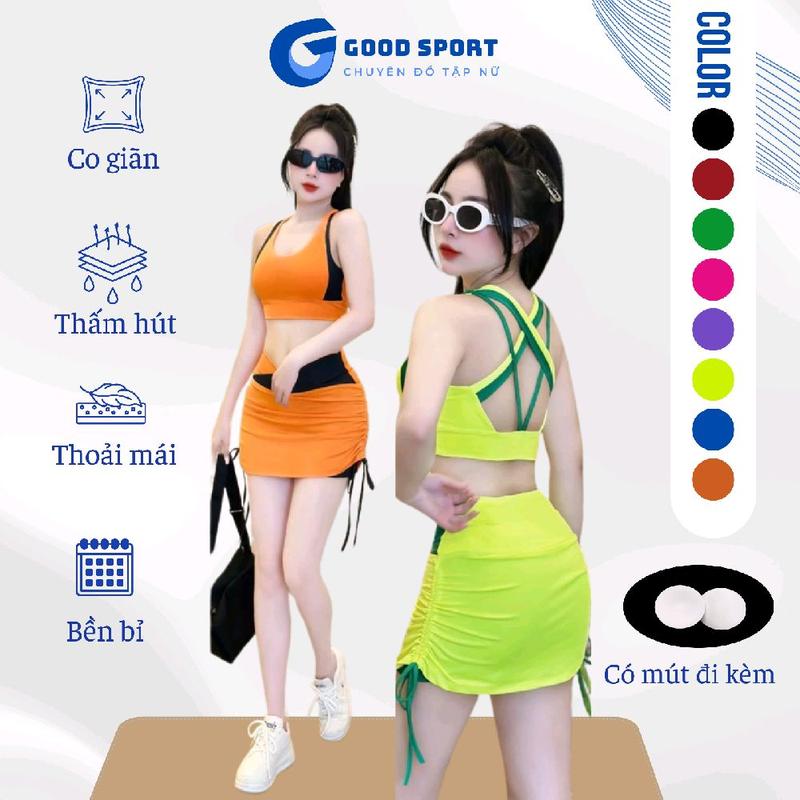 bộ đồ quần áo chân váy cạp chéo phối màu tập gym yoaga aerobic nữ