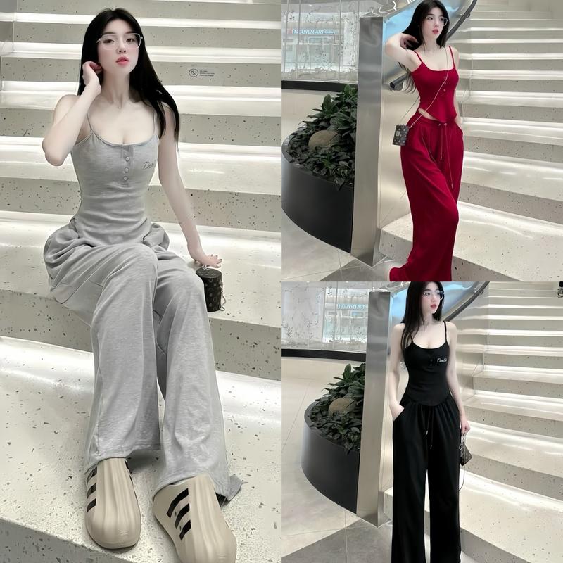 Set Đồ Nữ Áo 2 Dây Vạt Bầu Cài Nút Thật Kèm Quần Ống Suông Điệu Dà Dành Cho Các Nàng Diênh Đi Chơi Women Màu Đỏ Top Nhung Voi