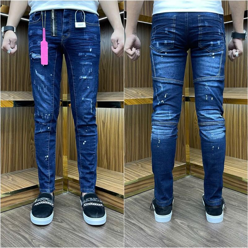 Quần Jeans nam xanh rách khóa lệch sước bốn cúc
