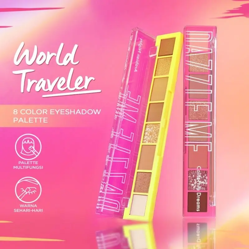 [NEW] DAZZLE ME The World Traveler Eyeshadow Palette | BPOM 8 warna Natural Matte Satin Glitter High Pigment Long Lasting Smooth 1