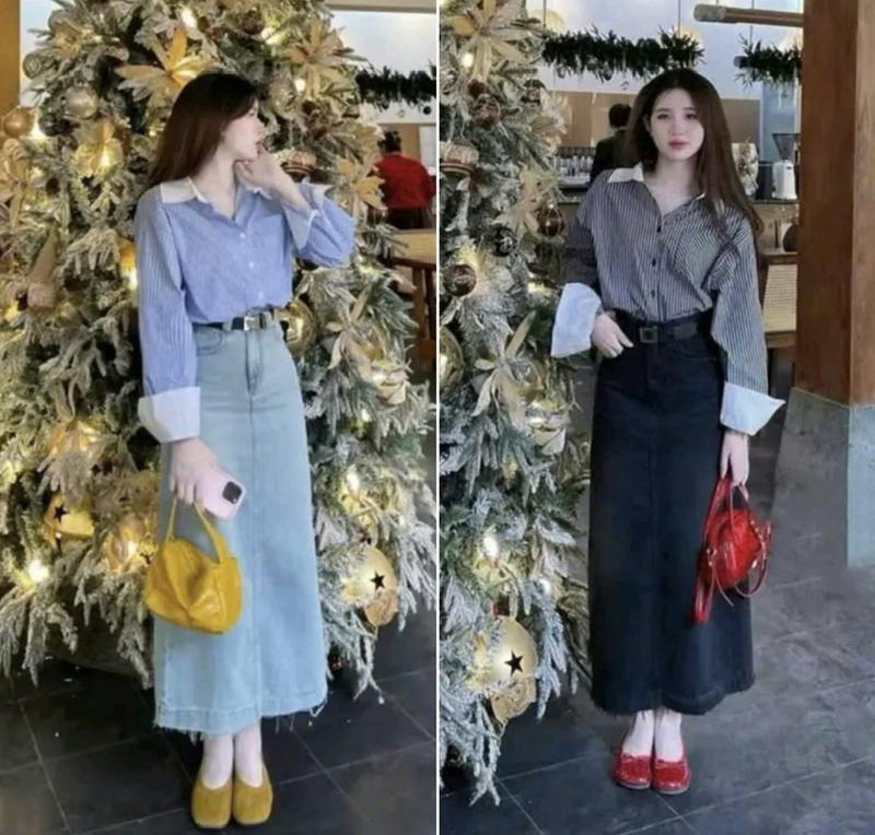 Sét đồ nữ áo sơ mi kẻ sọc tay dài phối trắng kèm chân váy jean dáng dài trẻ trung năng động (kèm nịt)