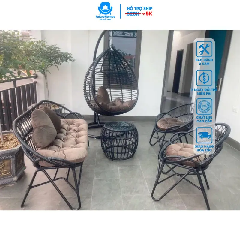 Combo Bàn Ghế & Xích Đu FutureHomes, Chất Liệu Giả Mây, Bền Đẹp Theo Thời Gian, Trang Trí Sân Vườn, Quán Cafe, Ban Công 4