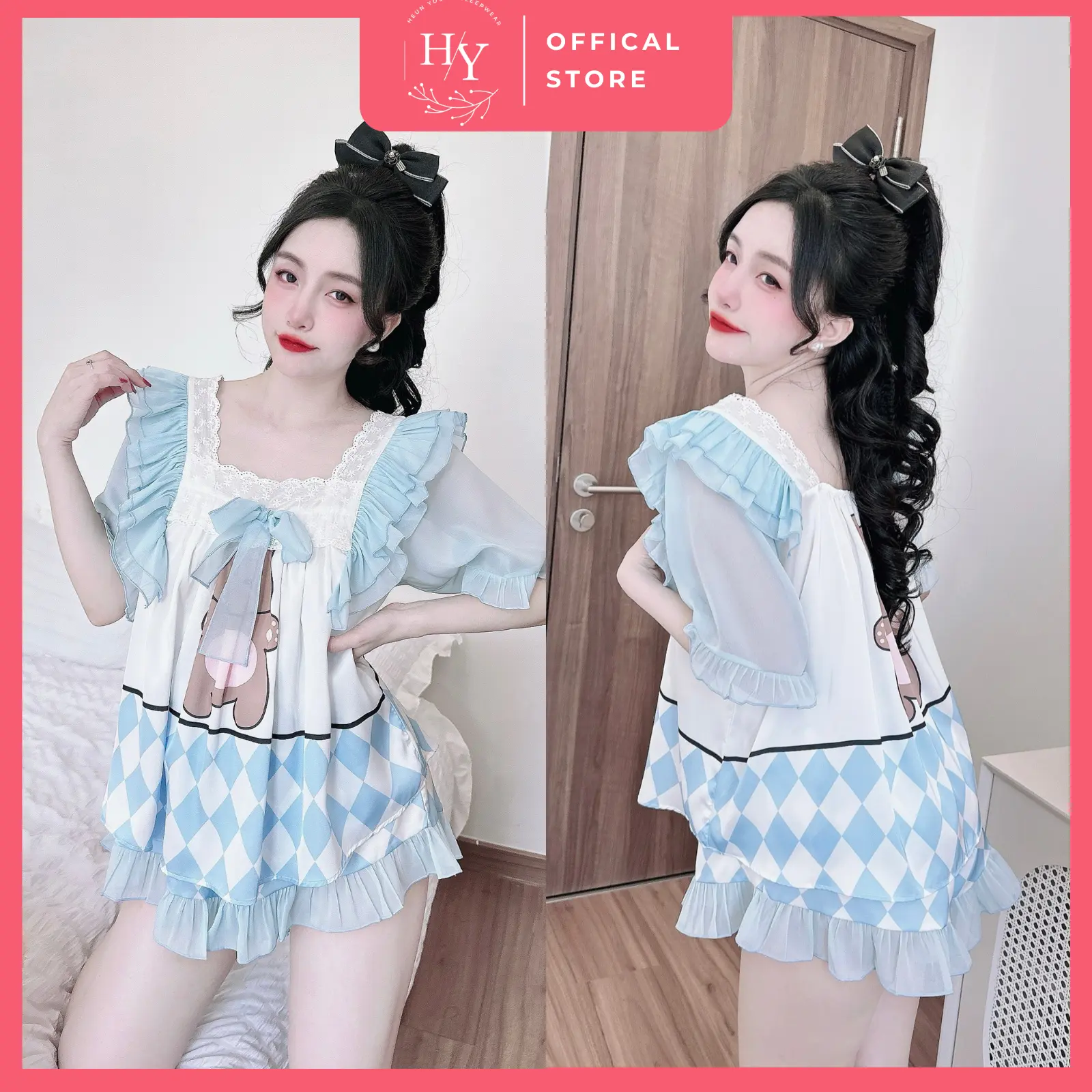 Đồ Ngủ Nữ HEUN YOUNG Đồ Bộ Nữ Mặc Nhà Lụa Latin In 3D Phối Voan Tơ Mềm Mịn Freesize 67kg Women Top Áo Kem