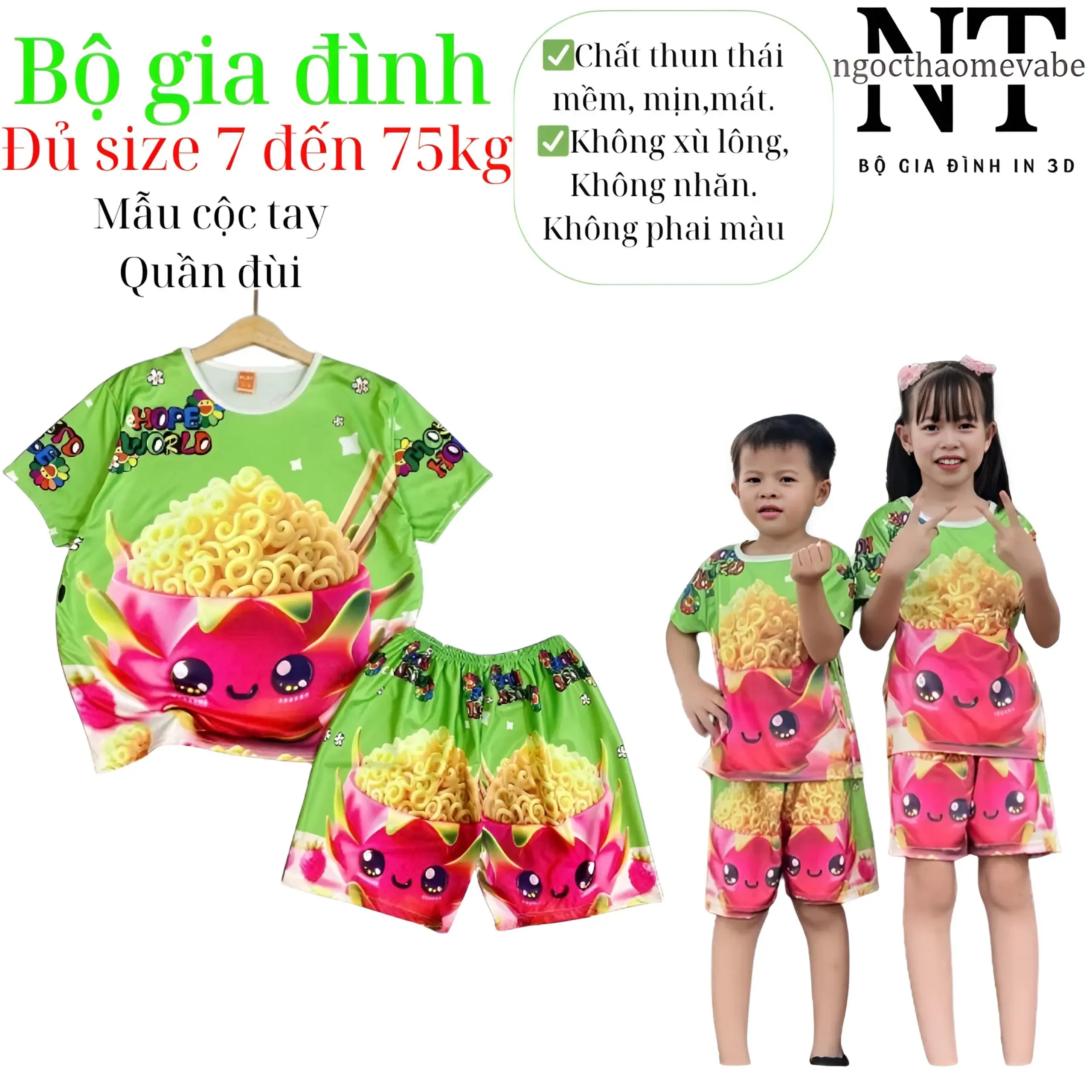 Bộ mẹ và bé mẫu mì tôm thanh long  Áo cộc tay quần đùi chất thun thái  in 3D mềm, mịn, mát, không nhăn, k xù lông, k bay màu mặc cho bé trai ,bé gái & gia đình Women Top