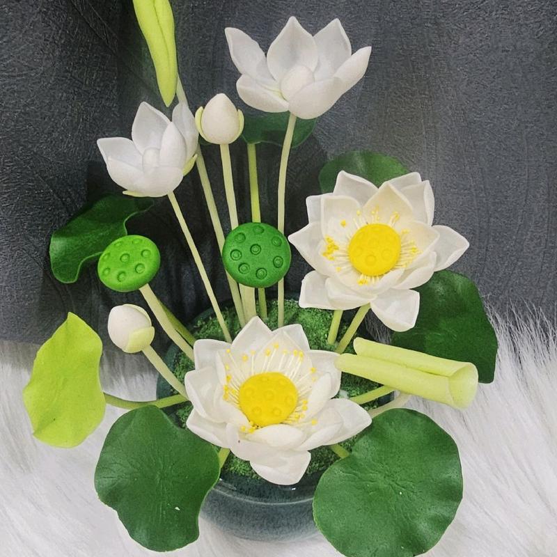 Chậu hoa sen đất sét mini để bàn phật, taplo xe ô tô, trang trí kệ tủ 4
