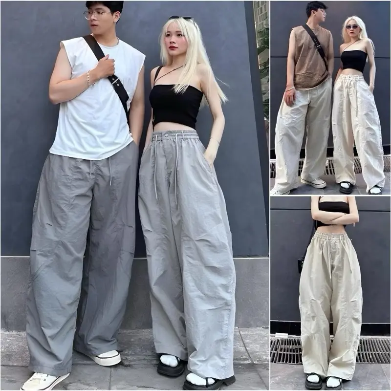 ￼Quần Parachute Harem Nam Nữ Dáng Thụng Vintage, Quần Dài Vải Kaki Cao Cấp Dễ Vận Động Nhật Bản