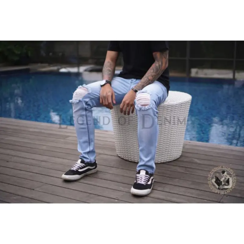 Celana Jeans Pria Handmad Bandung dengan Gaya Sobek Lutut yang Stylish Ripped Panjang Slimfit Tebal Skinny Hitam Stretch Pensil Denim Hitam celana Pendek Dewasa Distro 5