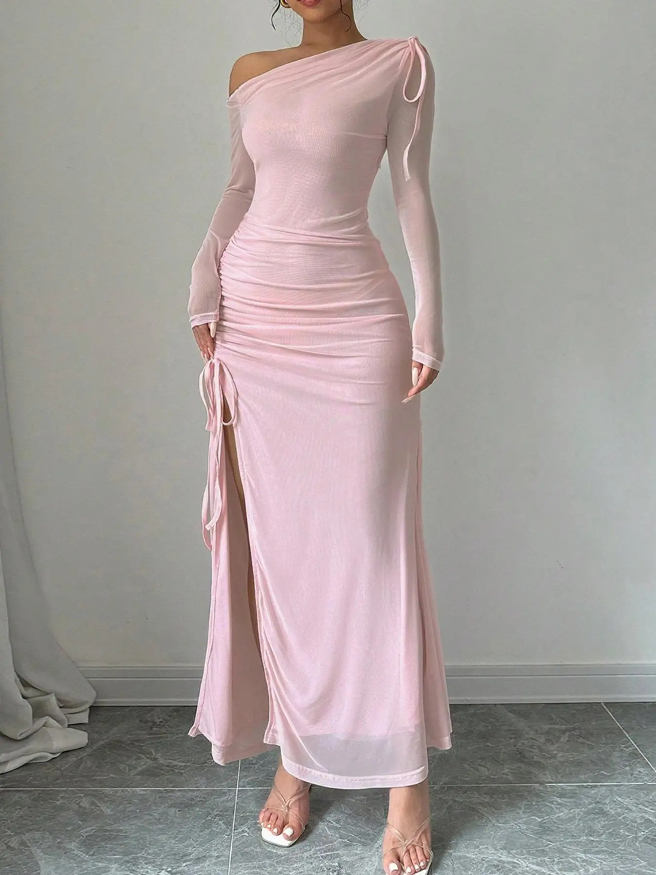 Women's Plain Asymmetrical Ruched Drawstring Tulle Dress, Elegant Long Sleeve Tie Side Maxi Dress for Party Dating Wear, Ladies Clothes for All Seasons Valentine's Day, gift