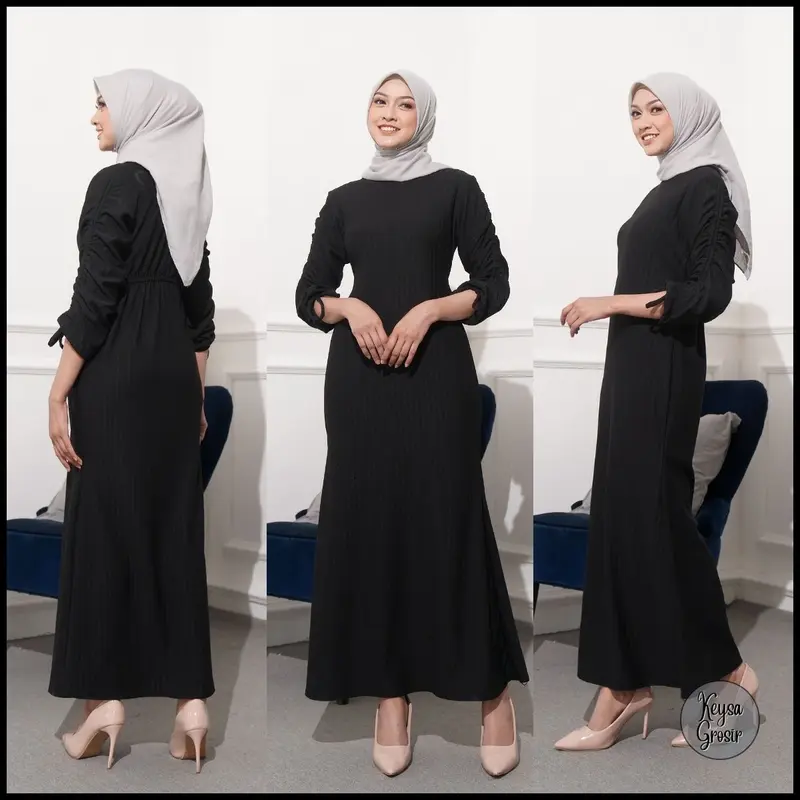 Baju Wanita Jennie Dress Hornet Knit Lengan Serut Muslim Nyaman Panjang Gamis  Maxi Pesta Remaja 5