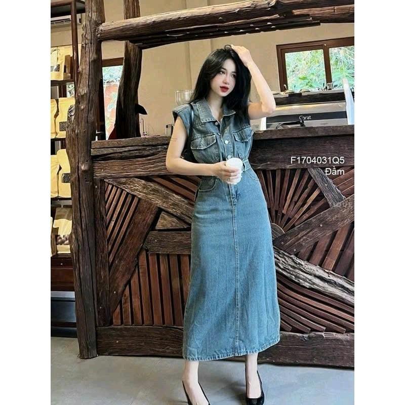 Đầm J.ean Dáng Dài Đính Khuy Tôn Dáng Cho Nữ Women Dress 3