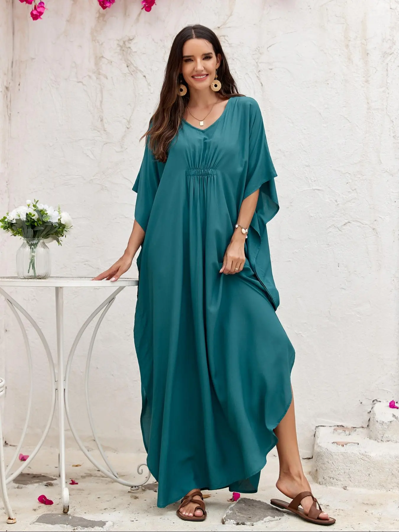 Plus Size Batwing Sleeve Ruched Split Kaftan Dress, Women's Plus Dresses Summer Solid V Neck Cover Up Dress, Boho Style Summer Clothes Half Sleeve Maxi Dress for Summer