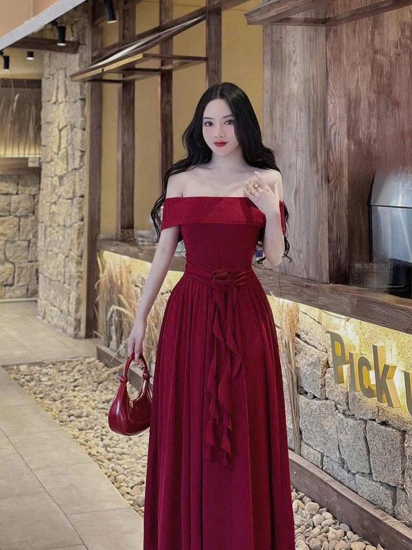 Đầm Body Trễ Vai Thun Gân Tăm Dáng Dài Xòe Dễ Thương Phối Hoa Eo Kèm Dây Tua Rua Đầm Đi Tiệc Đi Chơi Đi Hẹn Hò Sang Chảnh 1