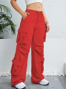 Women's Drawstring Waist Flap Pocket Cargo Pants, 2024 Casual Mid Rise Multi-Pocket Design Cargo Trousers for Daily Outdoor Street Wear, Women's Bottoms for Spring & Fall