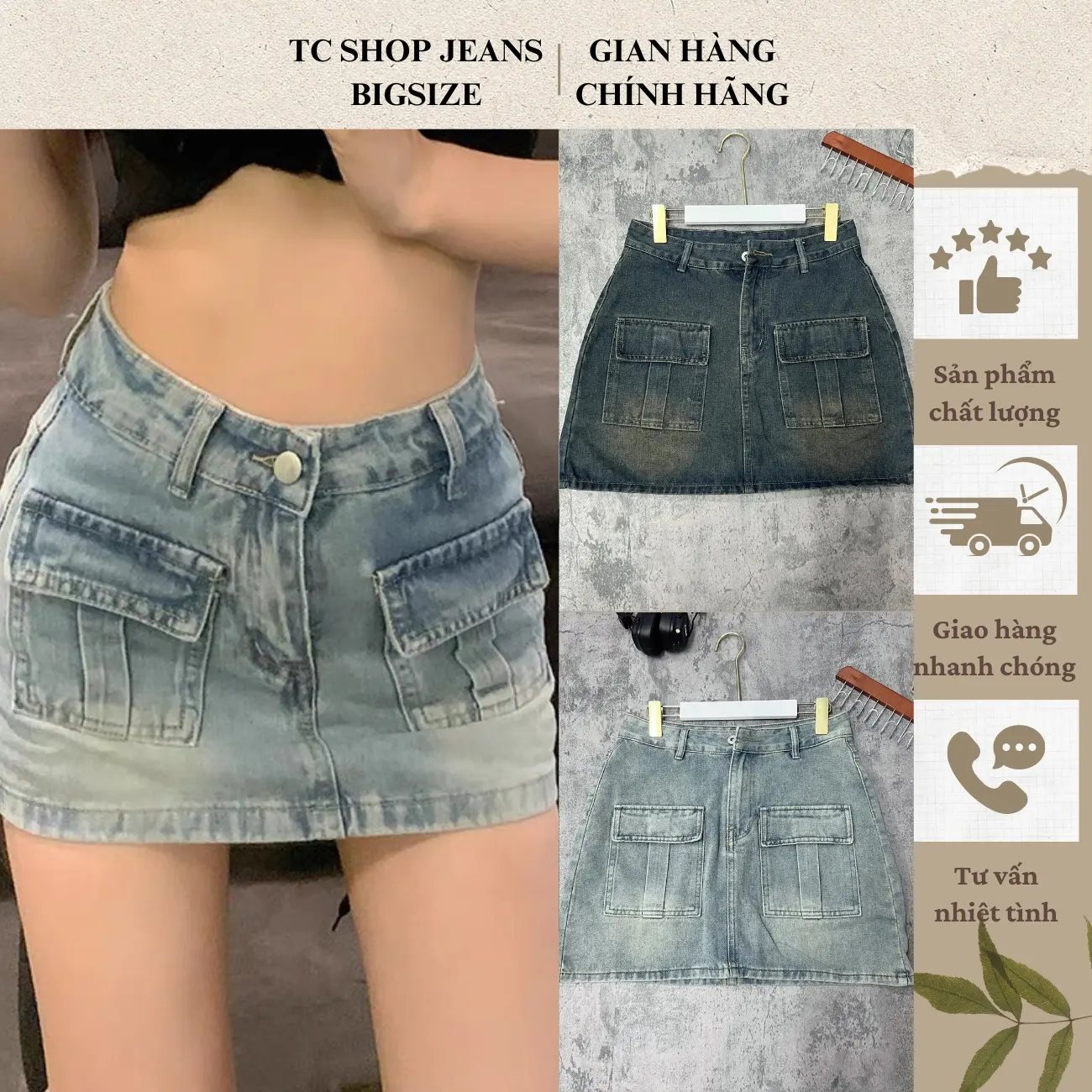 TCShopjeans Chân Váy Bigsize Jeans Nữ Dáng A Túi Hộp MS2009 Women