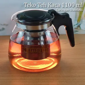 [MAMAJUL] 1100 ml Teko Teh Kopi - Bahan Kaca Dengan Saringan Stainless Glass Tea Coffee Pot with Stainless Strainer plastik steel