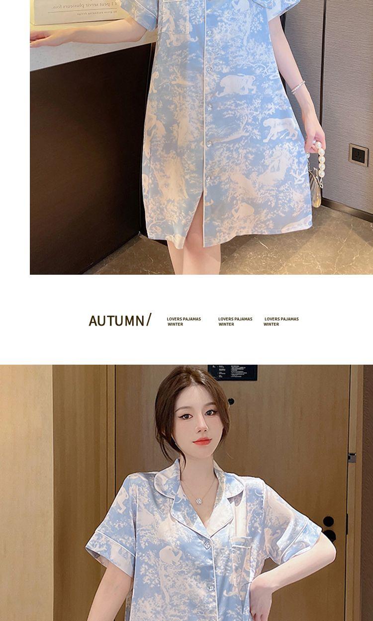Product Introduction of Ice Silk Nightdress for Women Long Dress Summer 2025 New Ins Style High-Value Jungle Print Shirt Pajama Dress 13