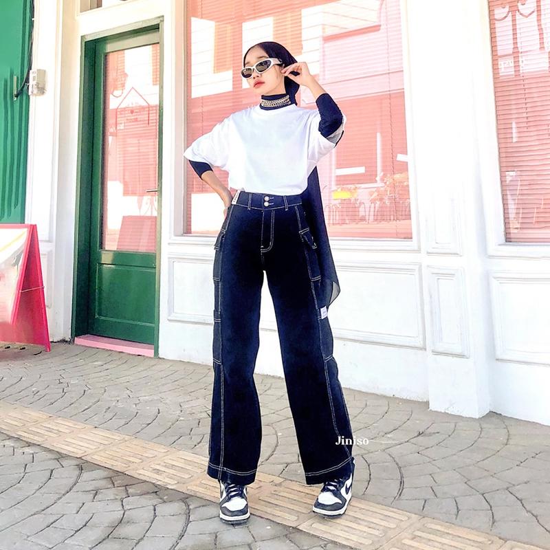 HANDS UP - JINISO Cargo Baggy Celana Jeans Wanita Highwaist 5