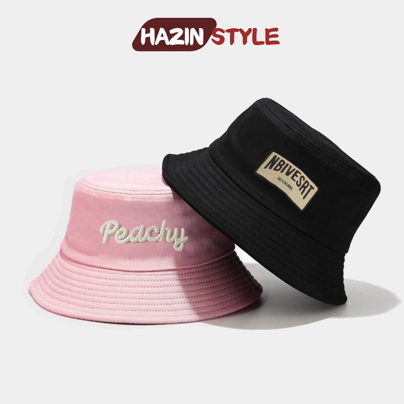 Mũ bucket HAZIN thêu chữ NBIVESRT, PEACHY, nón vành tròn form mềm dành cho nam nữ chất vải kaki đi học đi chơi siêu xinh