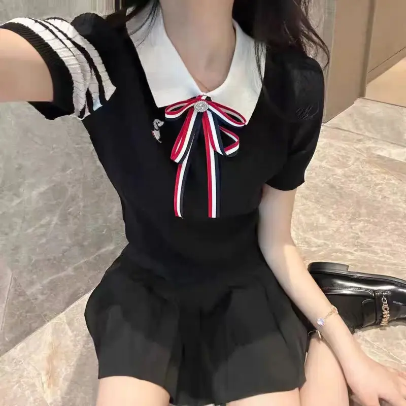 Áo Len Dệt Kim Lụa Lạnh Phong Cách Hàn Quốc, Có Thắt Nơ, Dành Cho Nữ, Thời Trang Mùa Thu Đông, Áo ngắn Tay