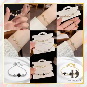 Gelang Tangan Bunga Hitam Titanium Wanita Gelang Serut Adjustable Bracelet Emas Silver Aksesoris Fashion Wanita