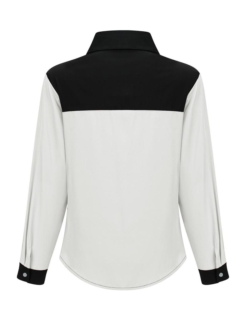 Product Introduction of 【Plus Size】 Women's Colorblock Patchwork Button Front Fake Pocket Design Blouse, Casual Long Sleeve Collared Top for Spring & Fall, Women's Clothes for Daily Wear 2