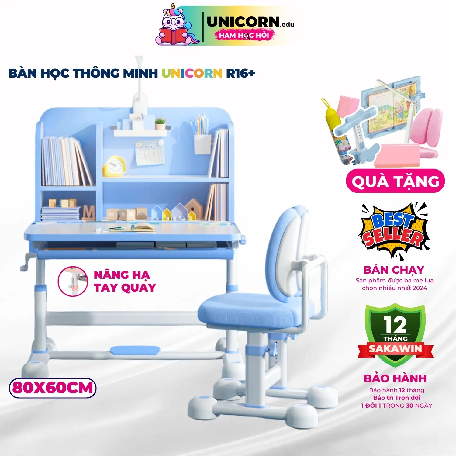 Bộ Bàn học cho bé Unicorn R16 Thông minh Nghiêng mặt bàn 60 độ Điều chỉnh chiều cao tay quay Hỗ trợ con ngồi học đúng tư thế