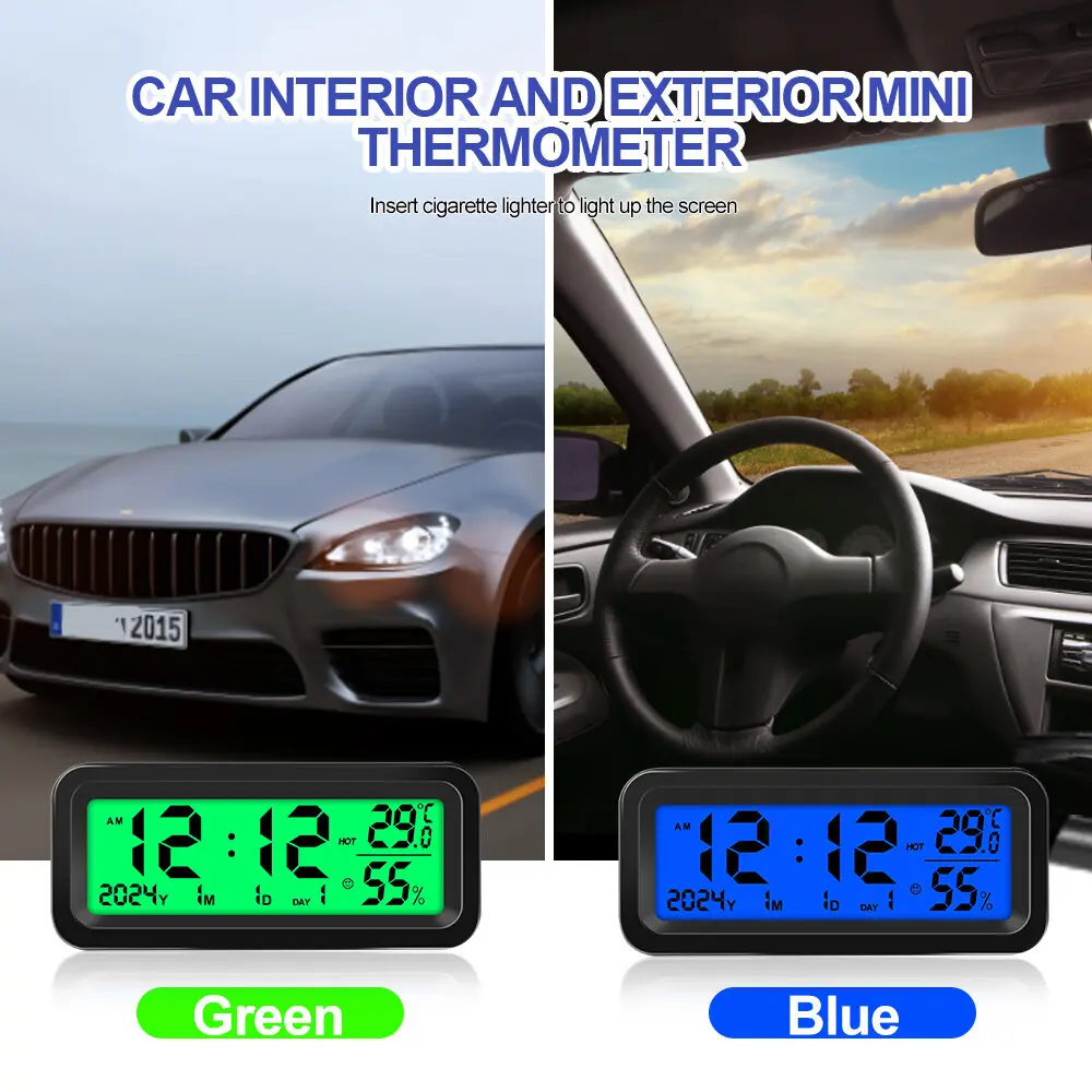 Solar Car Digital Clock Date Week Temperature Humidity LCD Backlit Display  for Dashboard Car Clock Automobiles Internal Stick-On