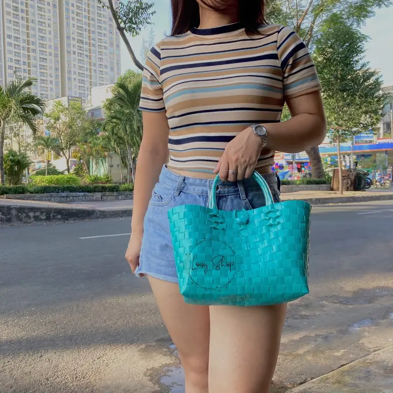 Giỏ nhựa đan tay màu trơn -  Size 7 vừa - Túi xách đan thủ công - Làn nhựa 2