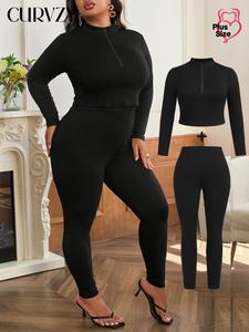 CURVZY Plus Size Autumn Aesthetic Two-Piece Set Solid Zip Up Mock Neck Crop Tee & High Waist Leggings, Casual Long Sleeve Top & Skinny Pants for Daily Wear, Women's Two-piece Outfits for Spring & Fall