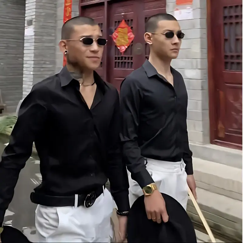 Áo Sơ Mi Nam Chiến Binh Đen, Dáng Ôm, Màu Trơn Áo Sơ Mi Dài Tay, Hàng Mới Về, Phong Cách Người Nổi Tiếng Trên Internet Tay Nhanh, Áo Sơ Mi Tinh Thần, Thích Hợp Cho Nam Giới, Phong Cách Xã Hội