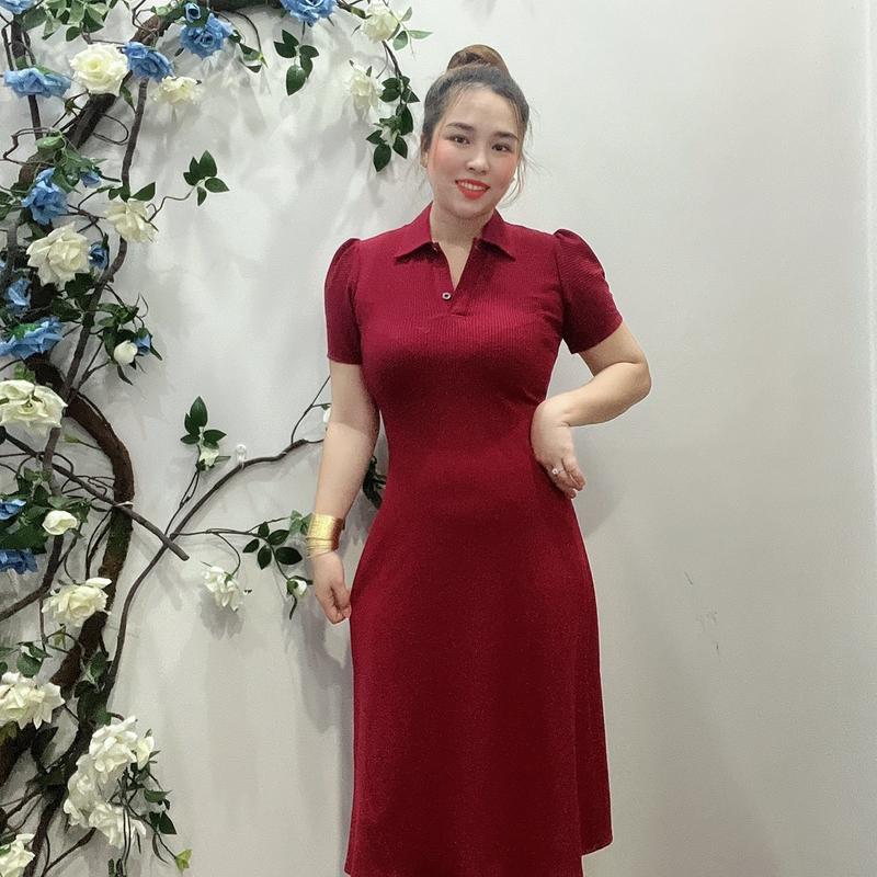 Đầm cổ sơ mi thun gân tâm co giãn dễ thương