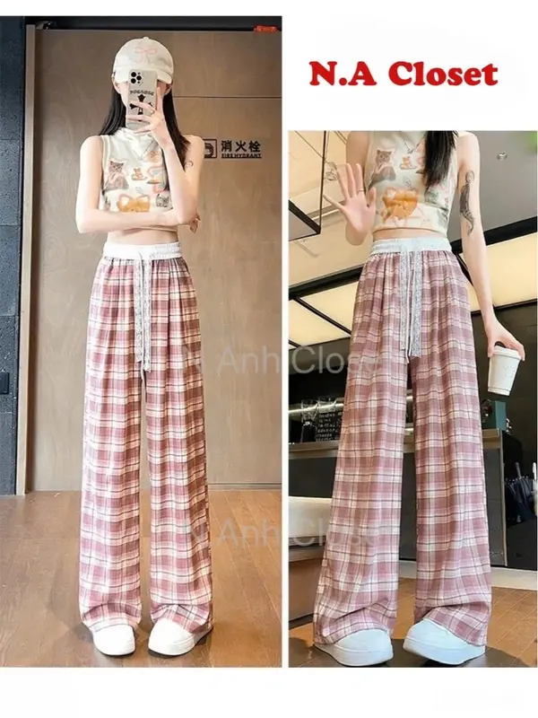 Quần Suông Nữ Kẻ Chất Lụa Non Nhật Mềm Mịn, Cạp Trắng Phối Dây Ren Nữ-Q286 1