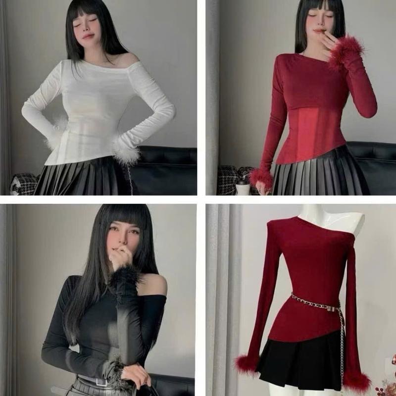 Có size Áo lệch vai tay lông - Áo thun ôm body có thắt eo tôn dáng form đẹp chất borip mềm mịn co gĩn dễ chịu Women Top