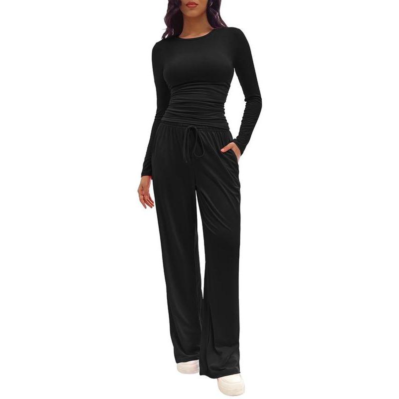 Two-piece Set Women's Solid Ruched Tee & Drawstring Pocket Pants Lounge Set, Casual Long Sleeve T-shirt & Elastic Waist Trousers, Pyjamas for Women, Ladies Sleepwear for All Seasons,  Lounge Tracksuit Women 8