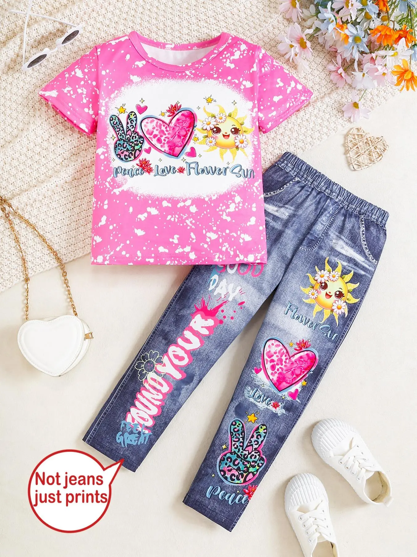 Two-Piece Set Toddler Girl's Cartoon Print Short Sleeve Tee & Denim-Effect Print Pants Set, Casual Round Neck T-shirt & Pants for Daily Wear, Kids Spring & Fall Clothes