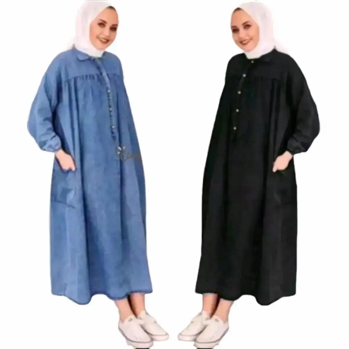 Hanami Midi Dress Jeans Ld 120 - 130 Gamis Wanita Dewasa Panjang Muslim Remaja Katun Kancing Maxi Nyaman