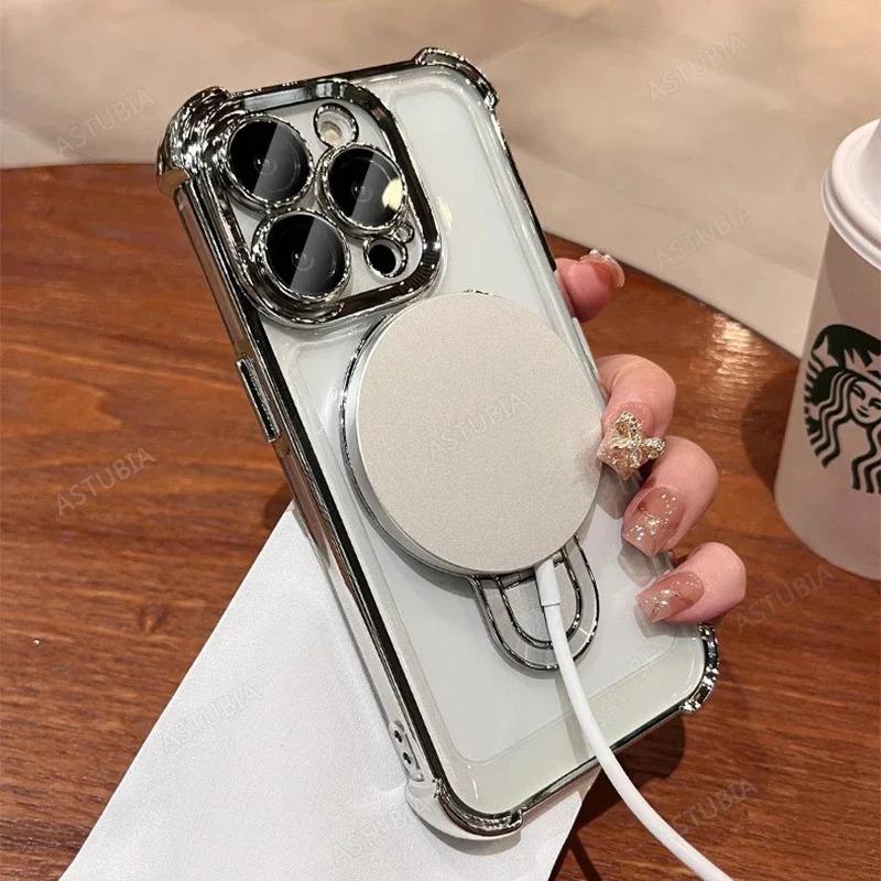 Product Introduction of Shockproof Plating Magnetic Stand Holder Clear Case For iPhone 16 15 14 13 12 11 Pro Max Plus For Magsafe Wireless Charge Cover 17