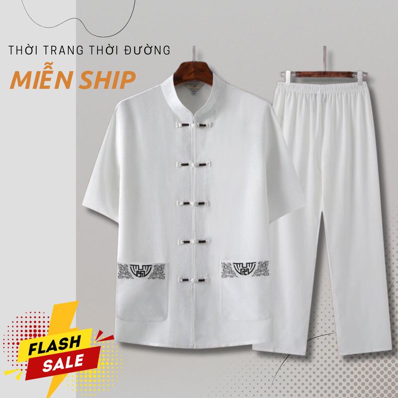 K96 Người Trung Niên Và Người Già Tang Nam Ngắn Tay Bông Áo Sơ Mi Phù Hợp Với Bố Mùa Hè mặc ở nhà đi chơi đi lễ đi chùa Menswear Quần Polo Màu Đen trung niên