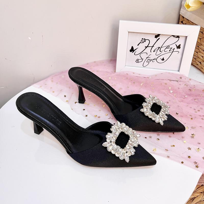 Guốc sục lụa cao gót 7p HALEY STORE mũi nhọn đính đá xoàn lấp lánh tiểu thư đi tiệc đi chơi đi học đi làm 1