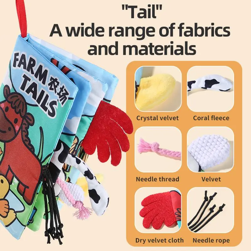 Farm Themed Cloth Book, 1 Count Tear-proof Animal Tail Cloth Book, Early Education Interactive Toy for Parent-child Time 6