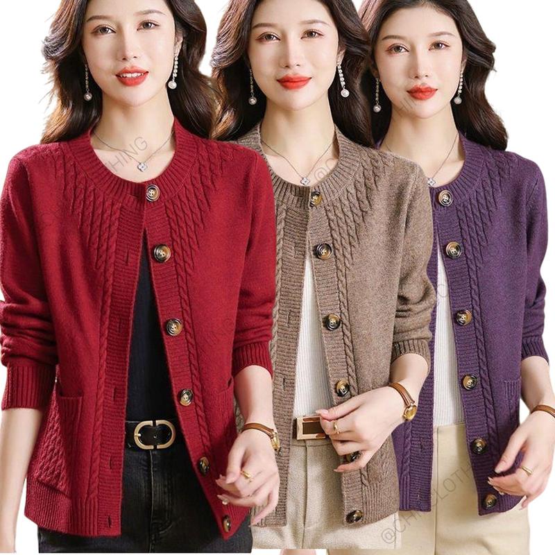 Áo Khoác Len Nữ Cổ Tròn Dáng Rộng Khuy To Phong Cách Hàn Quốc Hàng Len Mịn Dệt Kim Tặng Mẹ Yêu