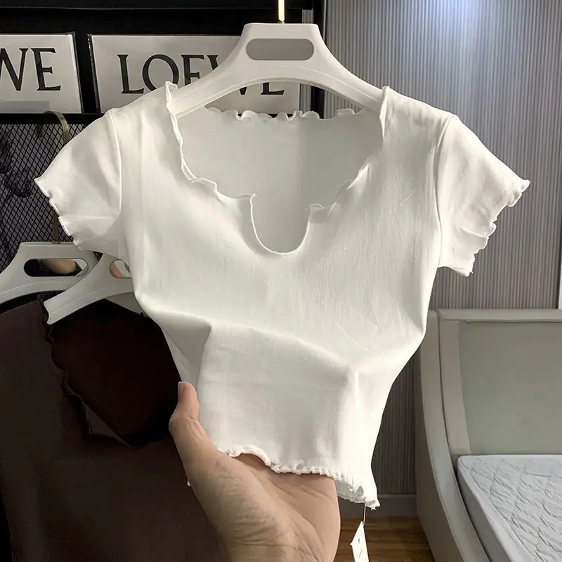 Áo Thun Cổ Chữ U Xếp Nhún Dành Cho Nữ, ngắn Tay, Màu Trắng, Dáng Ôm, Áo Crop Top Mùa Hè, Áo Cô Gái Nóng Bỏng, Hàng Mới Về, Năm 2025