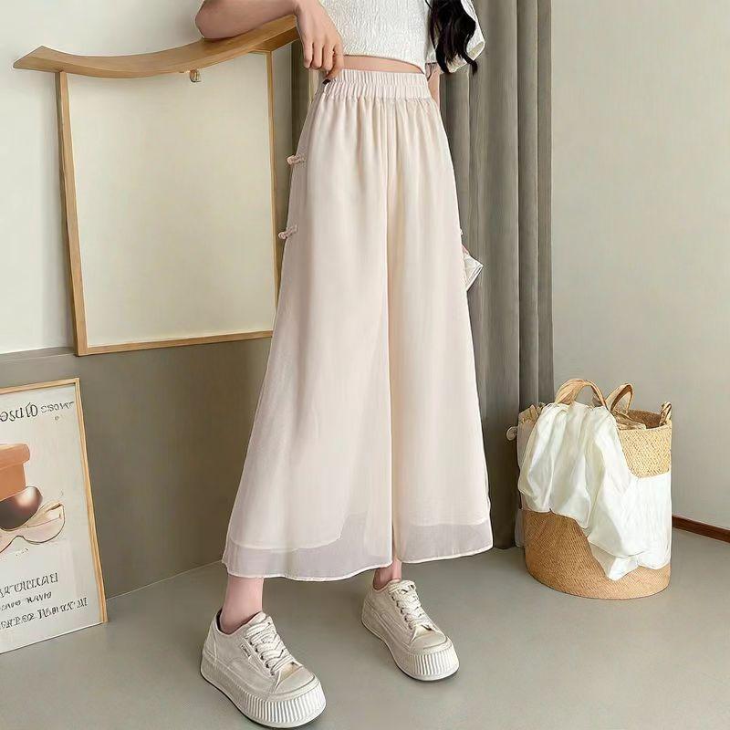 Quần Ống Rộng Voan, Phong Cách Trung Quốc Mới, Dành Cho Nữ, Bộ Sưu Tập Mùa Hè 2024, Quần Cropped Dáng Rộng Thường Ngày Quần Váy Cổ Tích Mỏng Chảy 2