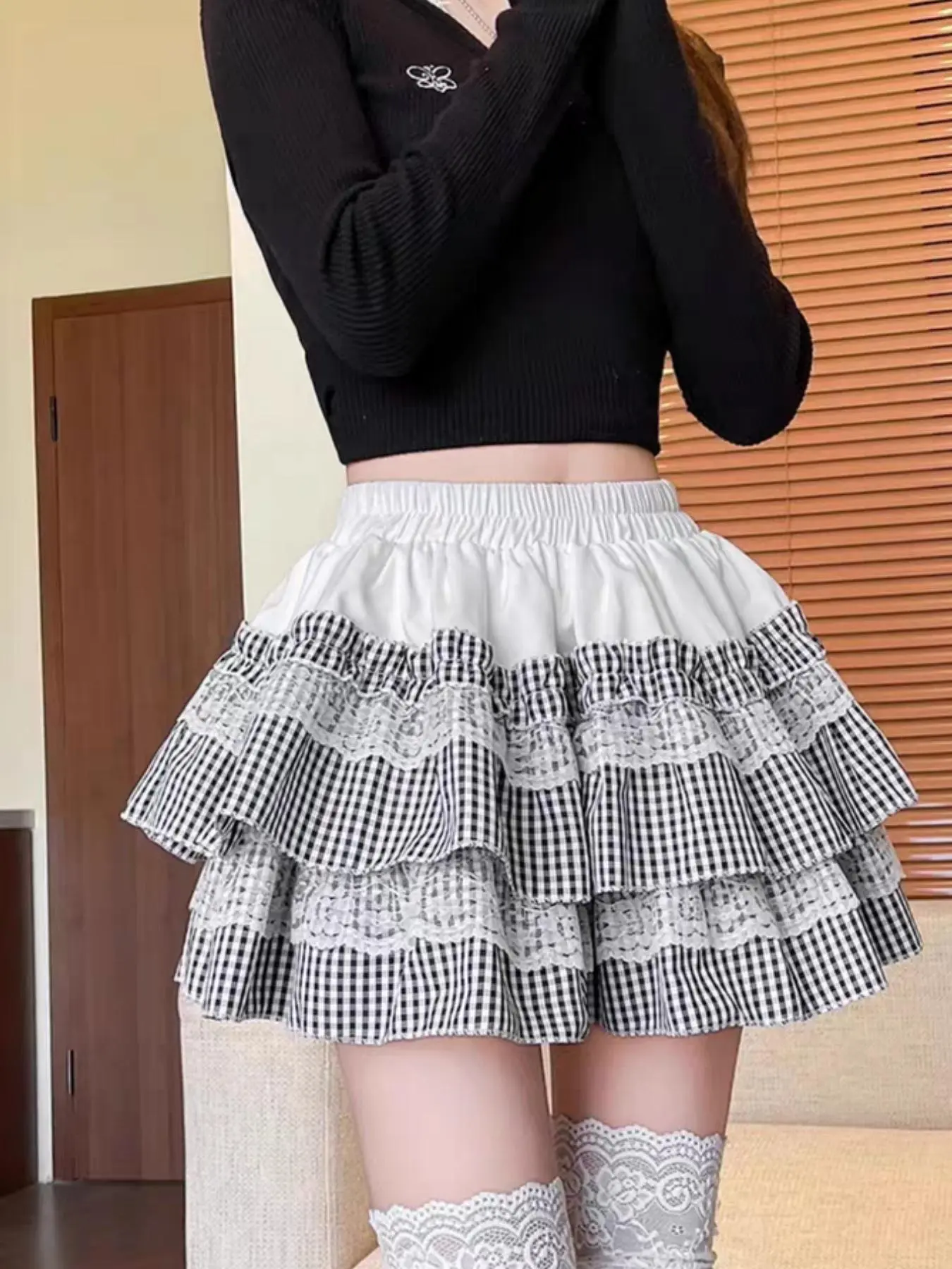 Women's Plaid Print Lace Trim A-line Skirt, Street Fashion Casual Short Skirt for Daily Outdoor Wear, Ladies Bottoms for Summer