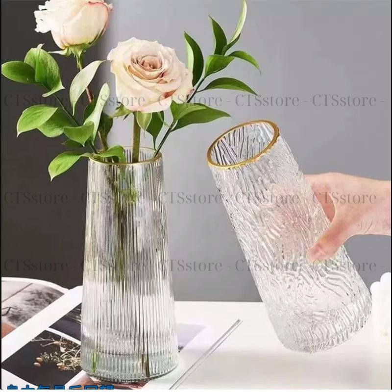 Lọ hoa thủy tinh vân sọc sang trọng CTSstore  - Cao 21.5cm | Miệng 7cm | Thủy tinh dày viền mạ vàng 7