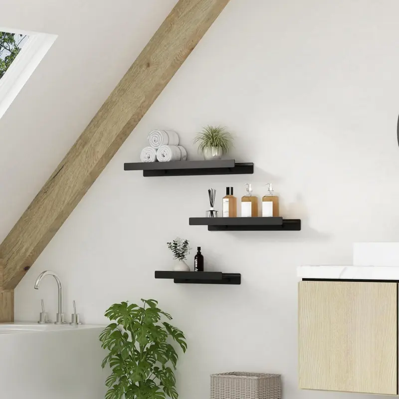 Floating Shelves for Wall, Wall Mounted Shelves with Lip for Storage, Metal Display Shelves for Home Decor, Kitchen/Living Room/Bedroom/Bathroom Shelf, Black 16 inch 2 Pack 3