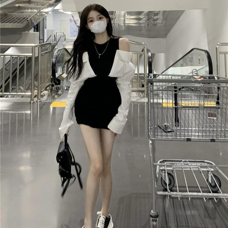 Đầm phối sơ mi nhún hông hở vai đen trắng siêu cá tính váy thiết kế ôm body Nữ Khuy Dress Màu Đen